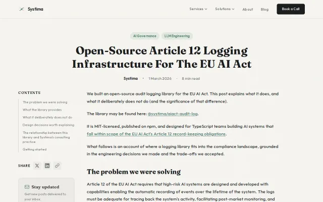 Open-Source Article 12 Logging Infrastructure for the EU AI Act
