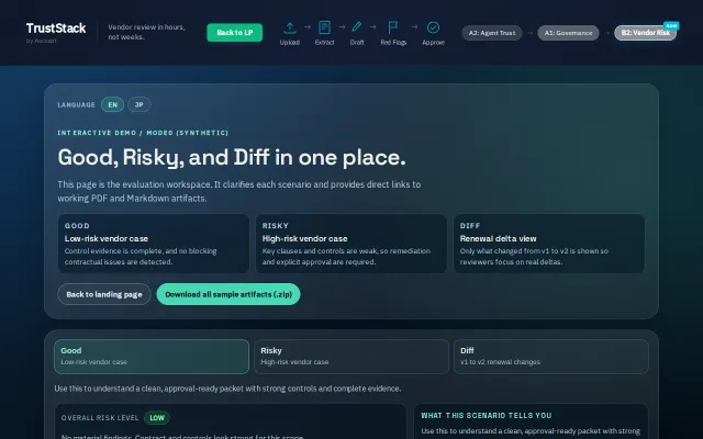 TrustStack – Vendor Review with Evidence Pack, Diff and Approval Log