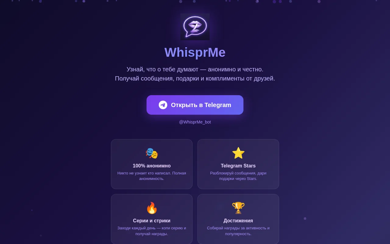 WhisprMe – Anonymous messaging inside Telegram with Stars micropayments