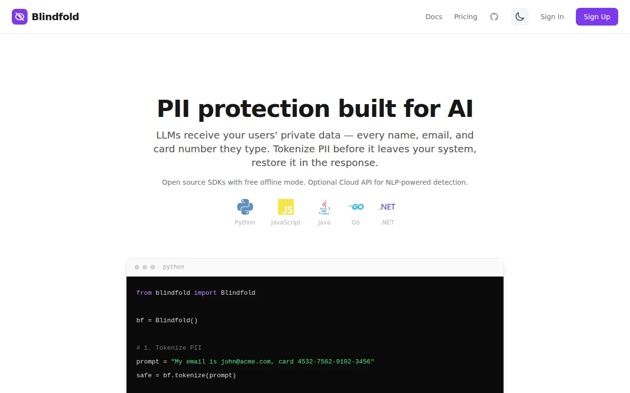 Blindfold – PII protection for LLM apps (local regex and cloud NLP)