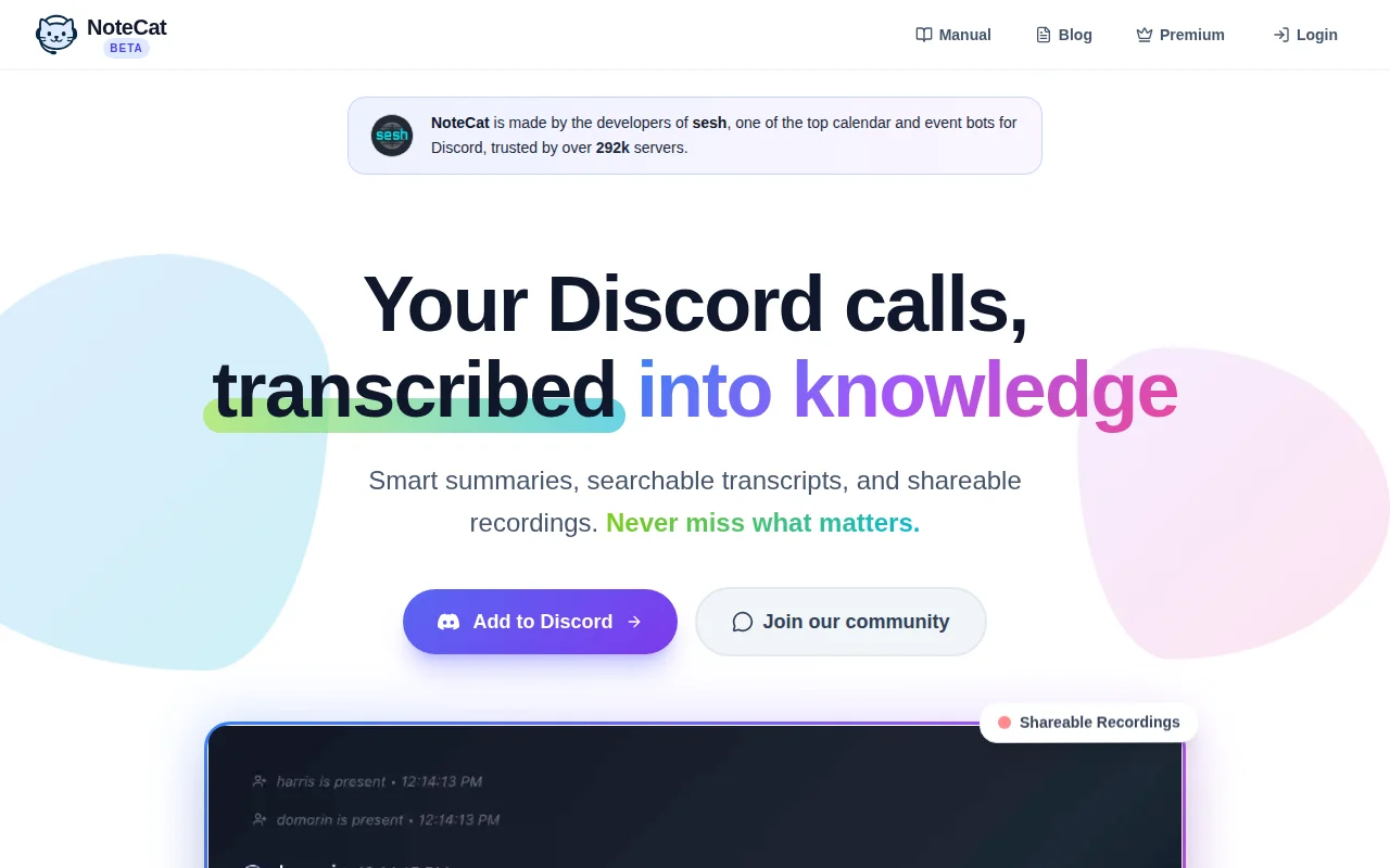 NoteCat – Record, Transcribe, Summarize Discord Voice Channels