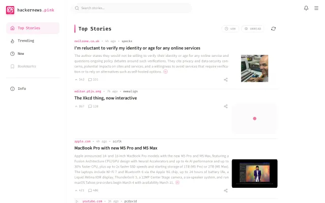 Hacker News.pink – A PWA HN reader with personalized recommendations