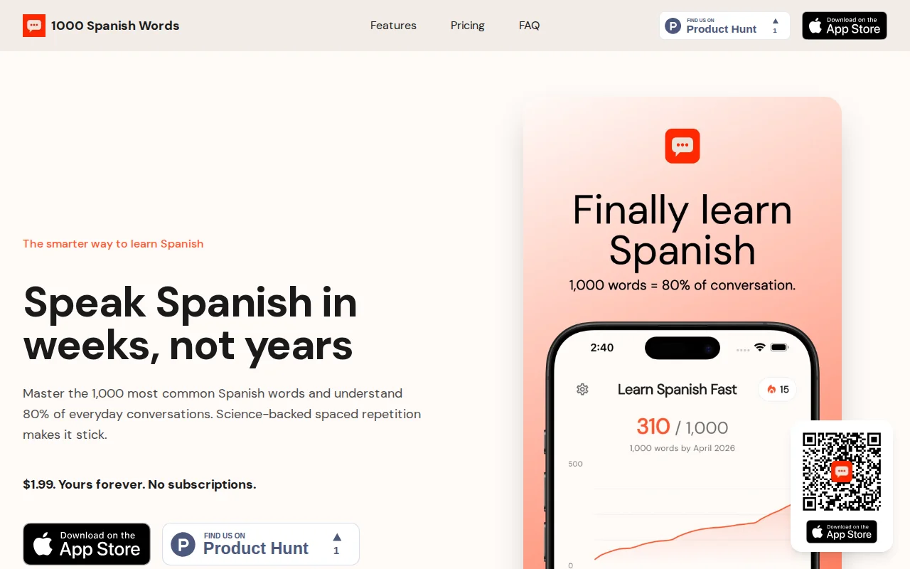 Spanish Words, spaced repetition vocabulary app for frequent words