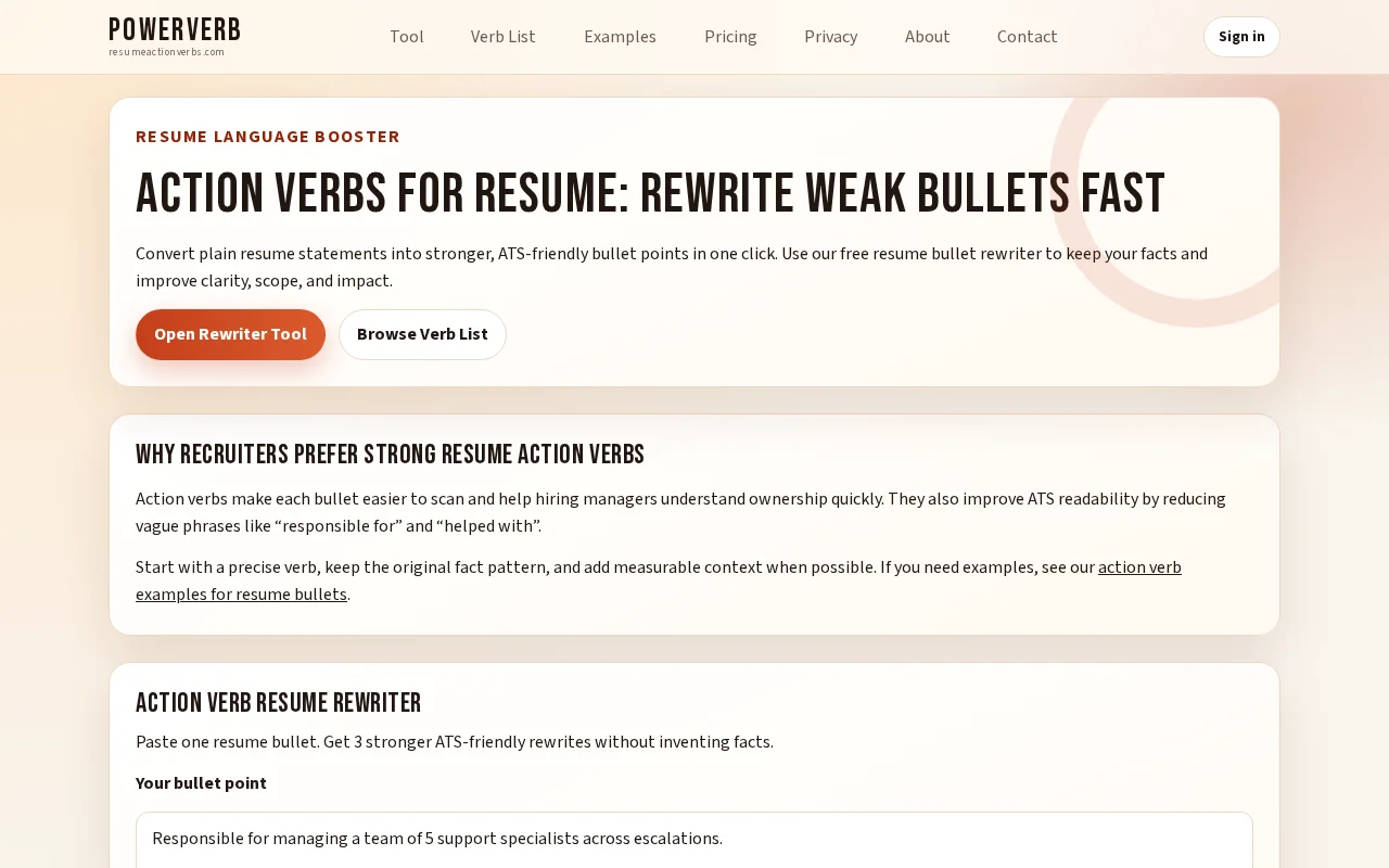 PowerVerb – rewrite weak resume bullets with stronger action verbs