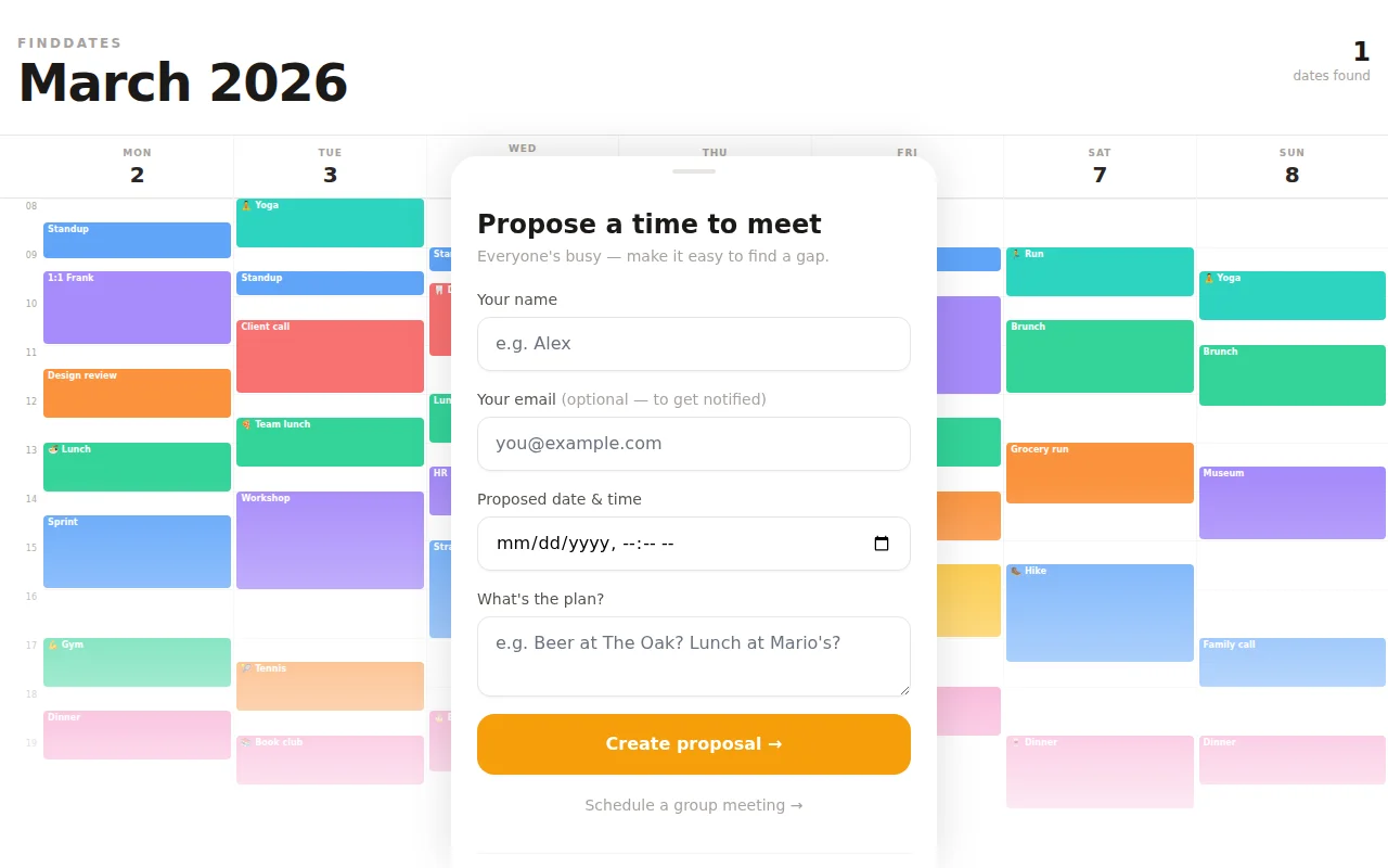FindDates – one proposed time at a time, so only one slot gets blocked