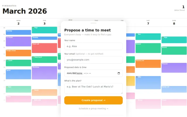 FindDates – one proposed time at a time, so only one slot gets blocked