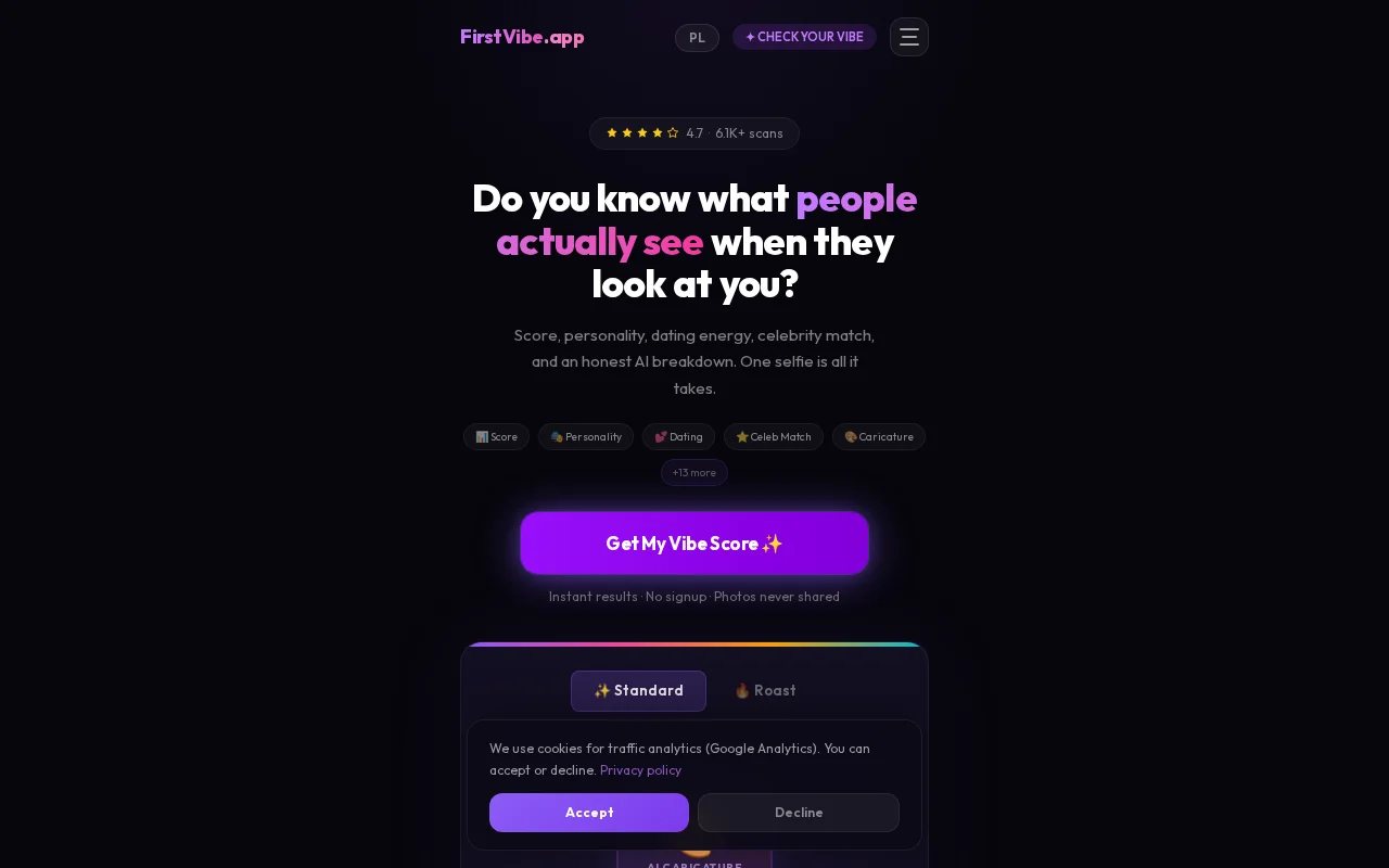 FirstVibe – AI analyzes your selfie and scores your vibe in 30 seconds