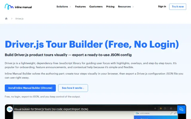 Visual builder for Driverjs product tours -no-code, export/import, free