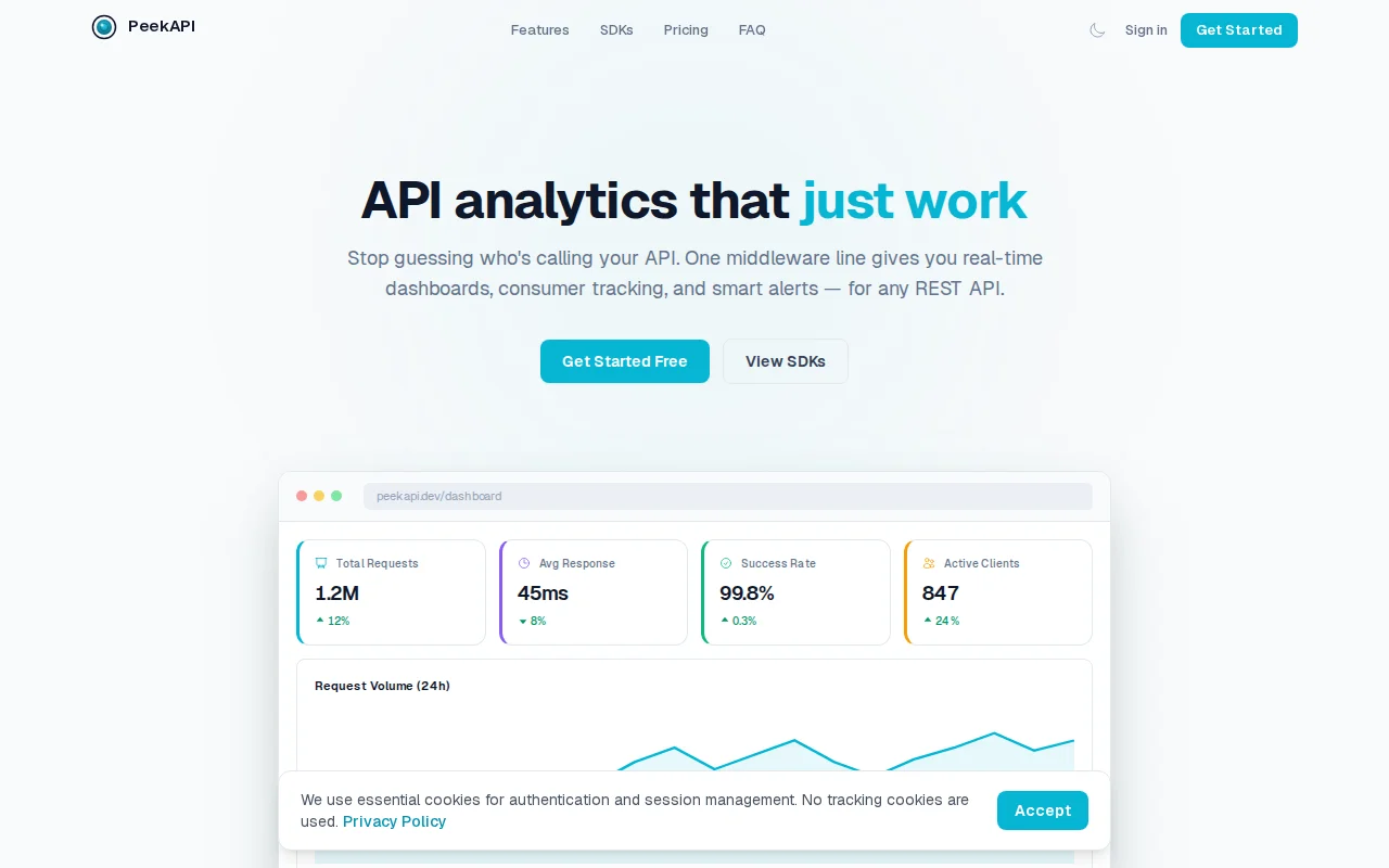 PeekAPI – API analytics middleware, 7 languages, zero dependencies