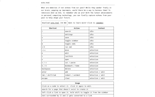 echo.html, between Feather Wiki and Roam with commands like Emacs