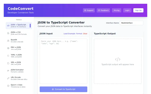 CodeConvert – Developer Conversion Tools (JSON→TS, YAML↔JSON, etc.)