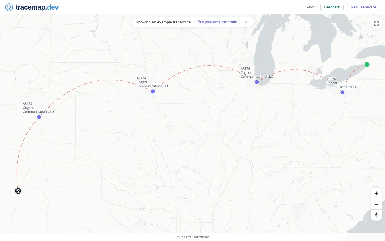 Tracemap – run and visualize traceroutes from probes around the world