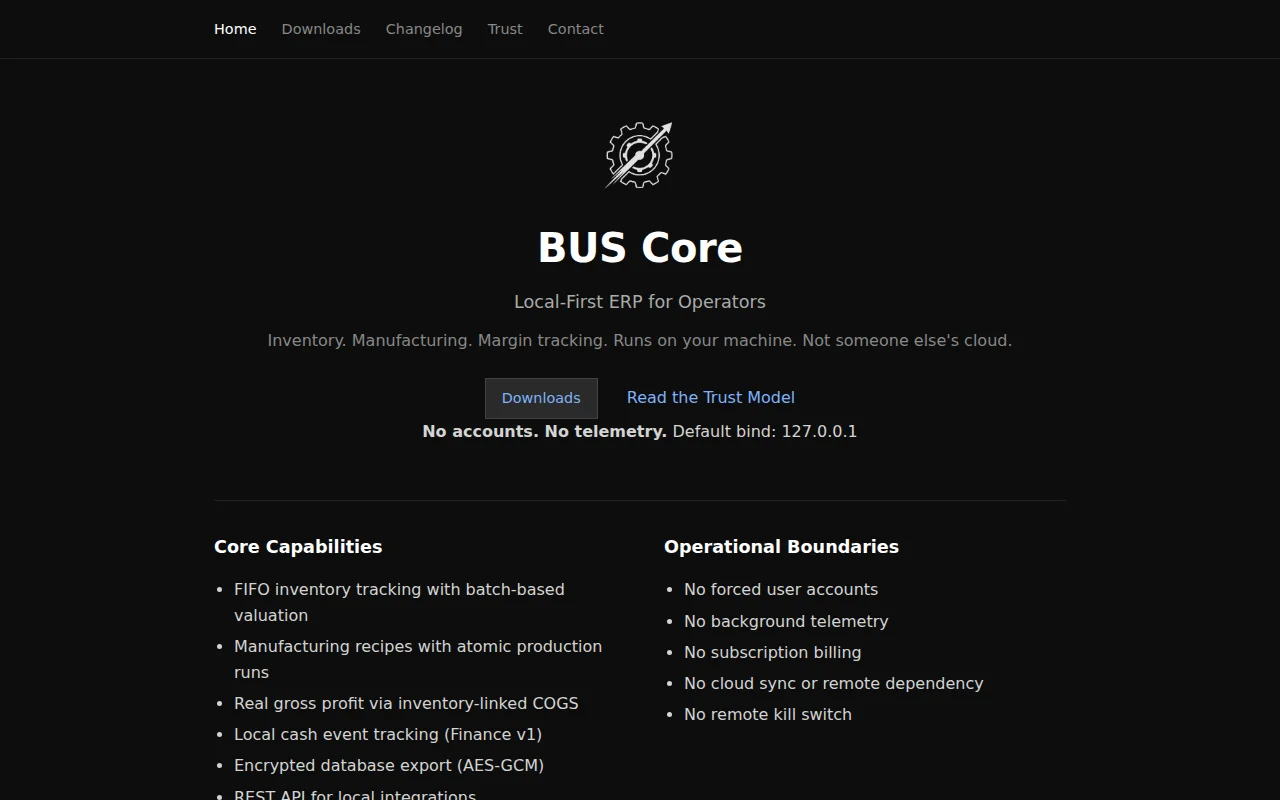 Bus Core – a local-first ERP for small manufacturing shops