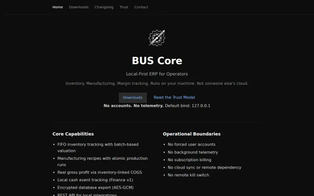 Bus Core – a local-first ERP for small manufacturing shops