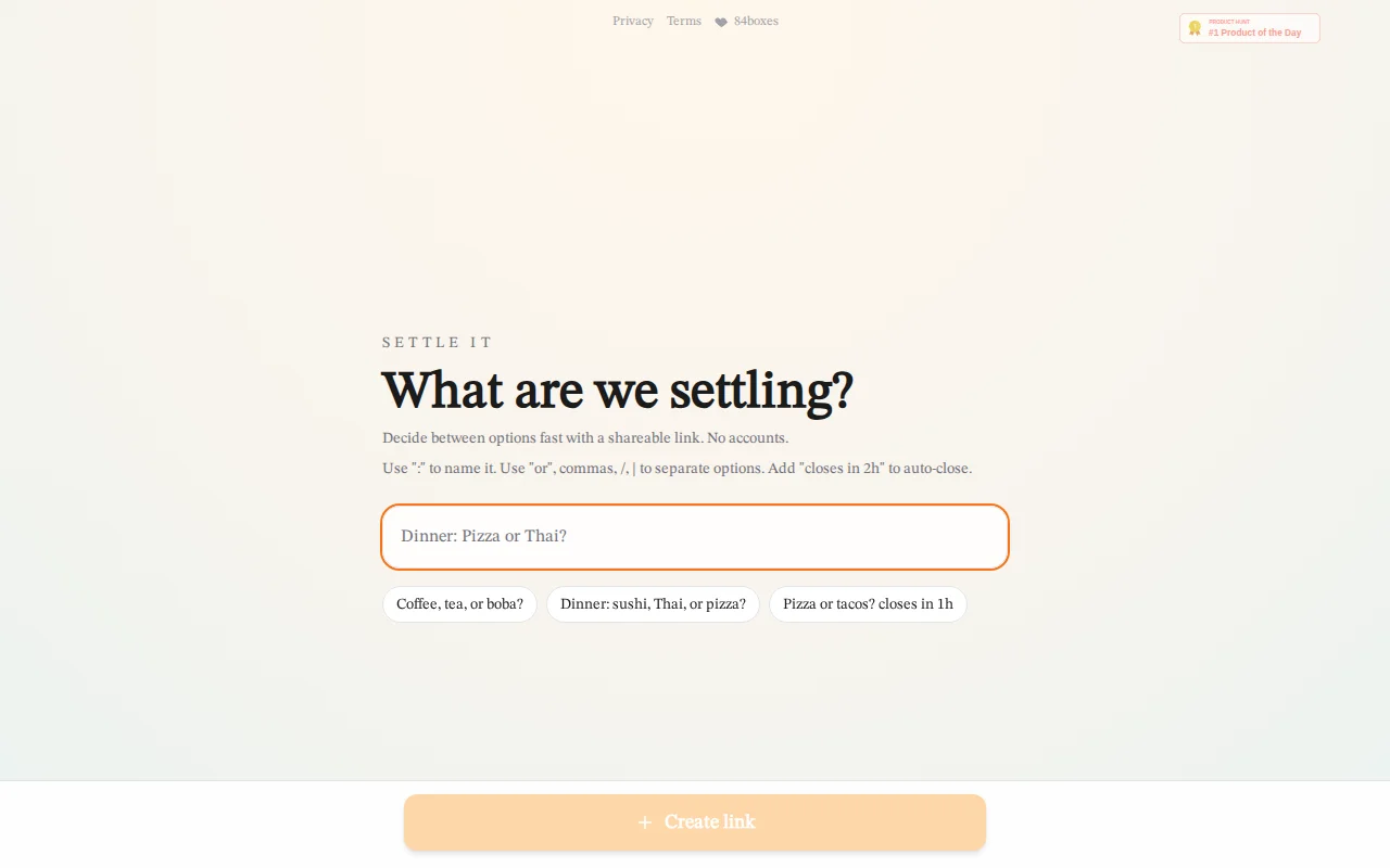 Settle It – turn "Pizza or Thai?" into a shareable poll