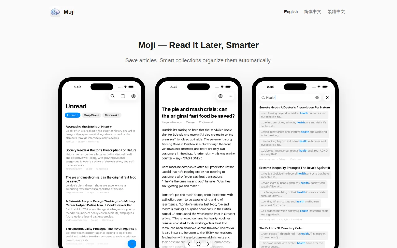 Moji – A read-it-later app with self-organizing smart collections