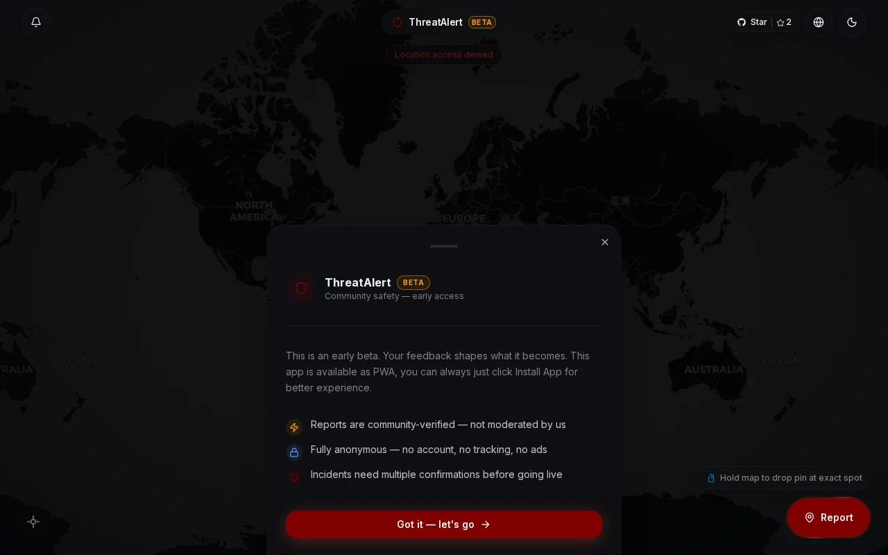 ThreatAlert – anonymous community incident map, no sign-up required