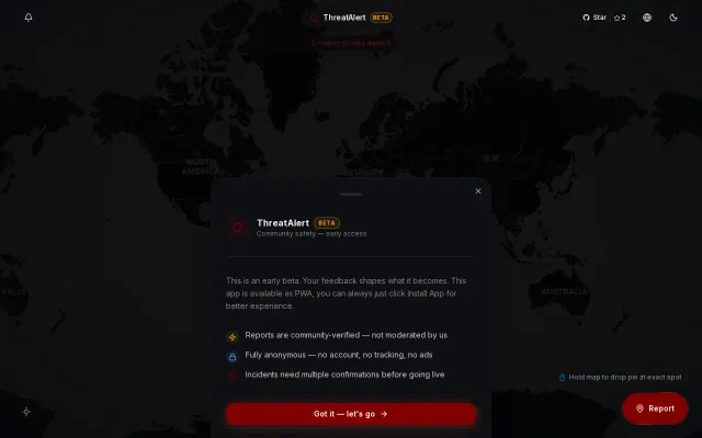 ThreatAlert – anonymous community incident map, no sign-up required