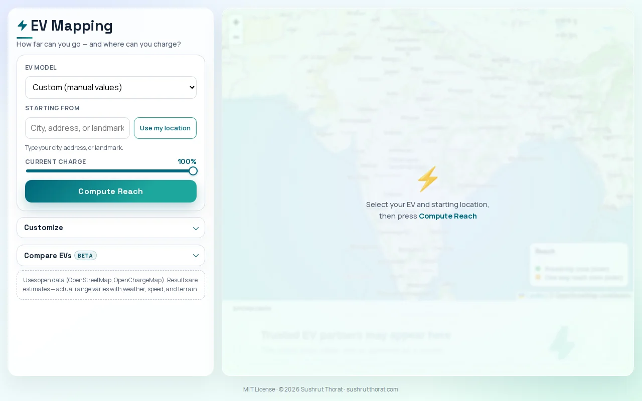EV range calculator – range circles and charger map (700 models)