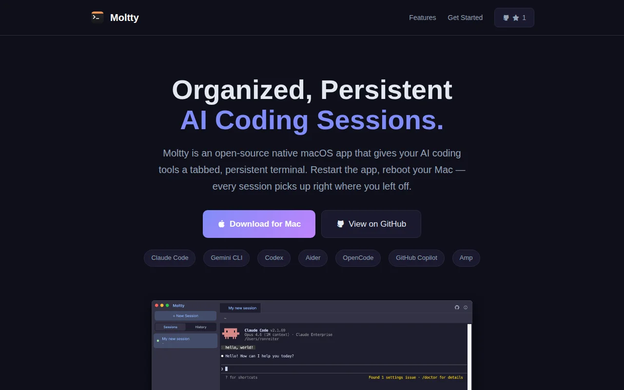 Moltty – Organized, Persistent AI Coding Sessions