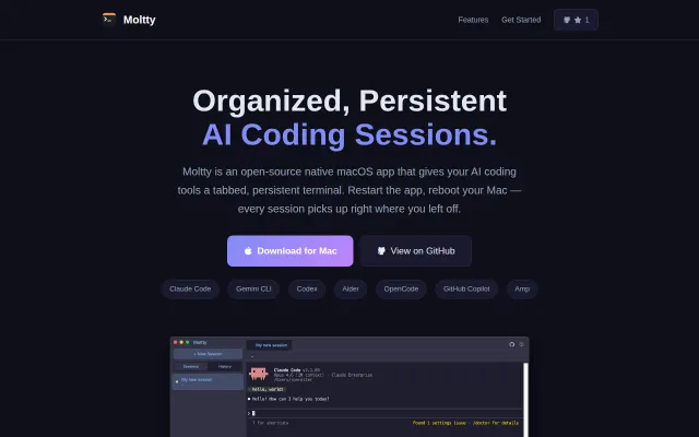 Moltty – Organized, Persistent AI Coding Sessions