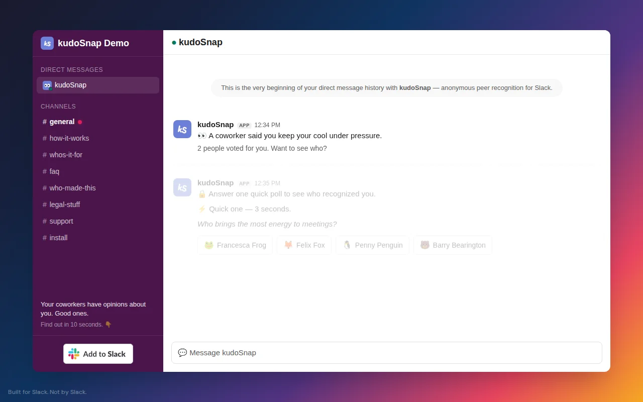 KudoSnap – Anonymous positive polls that turn Slack into a kudos loop