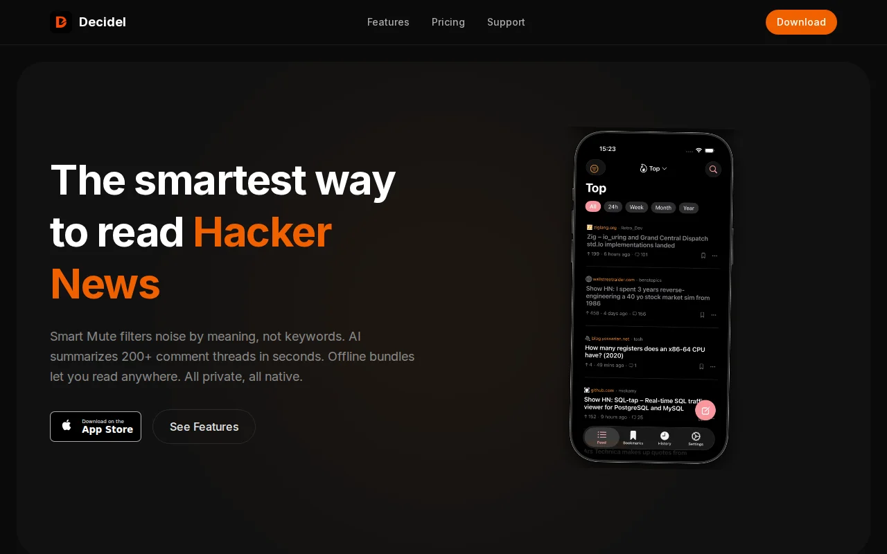 Decidel A Hacker News client for iOS with smart summaries and filtering