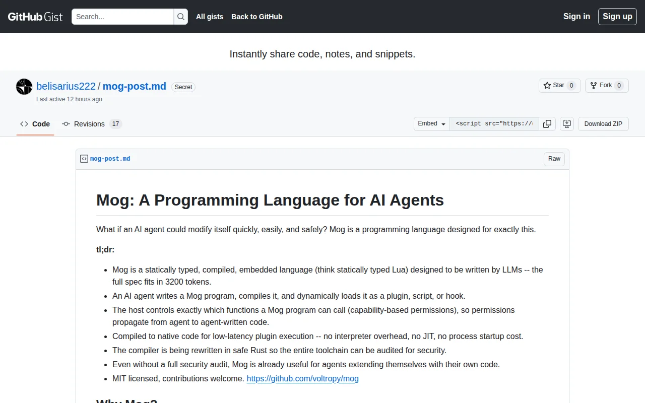 Mog, a programming language for AI agents