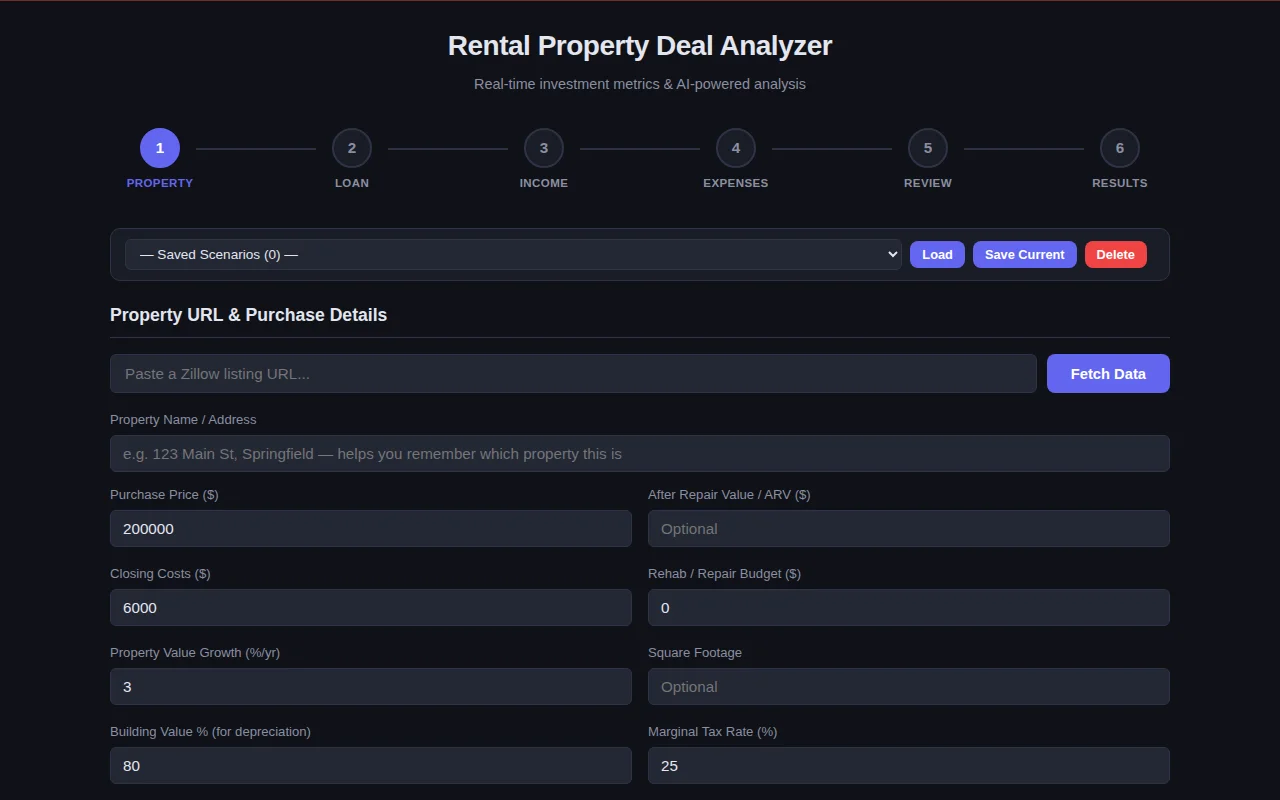 Rental Property Deal Analyzer – 20 metrics, deal scoring, AI analysis