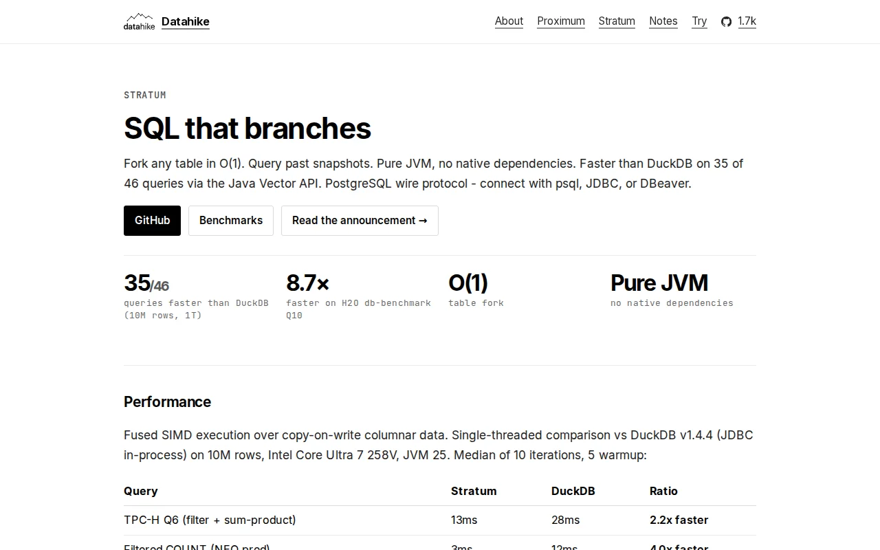 Stratum - a pure JVM columnar SQL engine using the Java Vector API