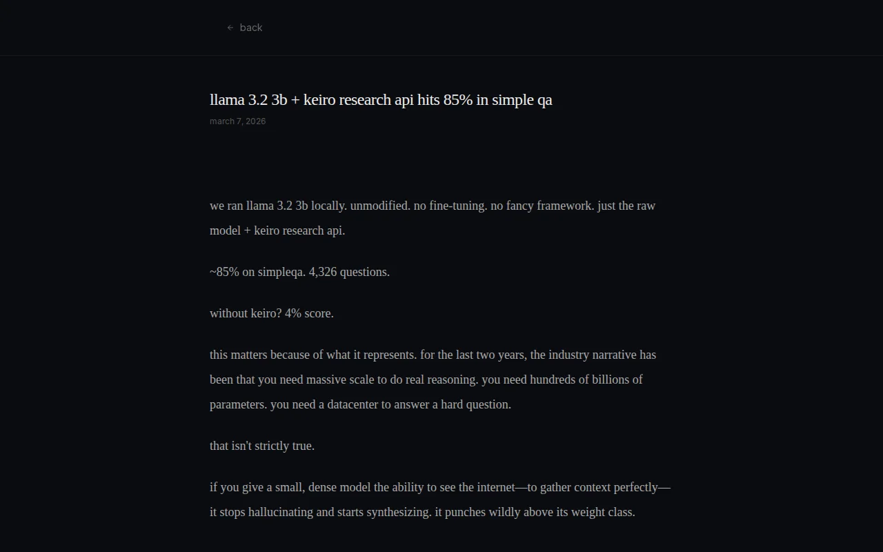 Llama 3.2 3B and Keiro Research achieves 85% on SimpleQA