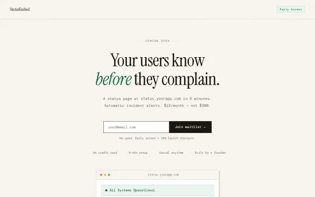 Pre-Launch – $15/Mo Status Page (Vs Atlassian $299) – Join Waitlist