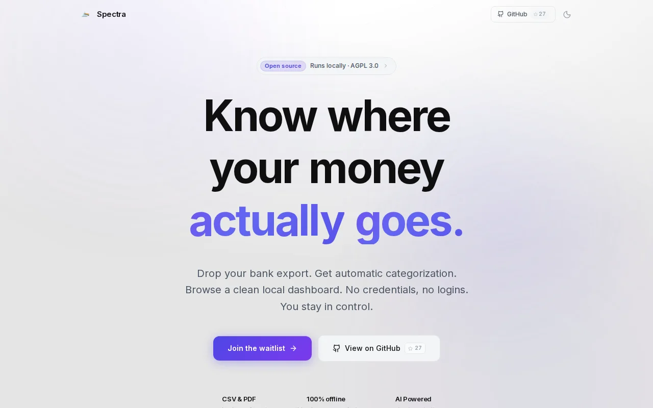 Spectra – local finance dashboard with offline ML categorization