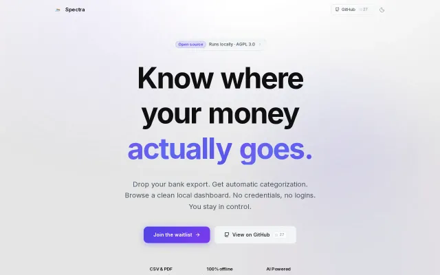 Spectra – local finance dashboard with offline ML categorization