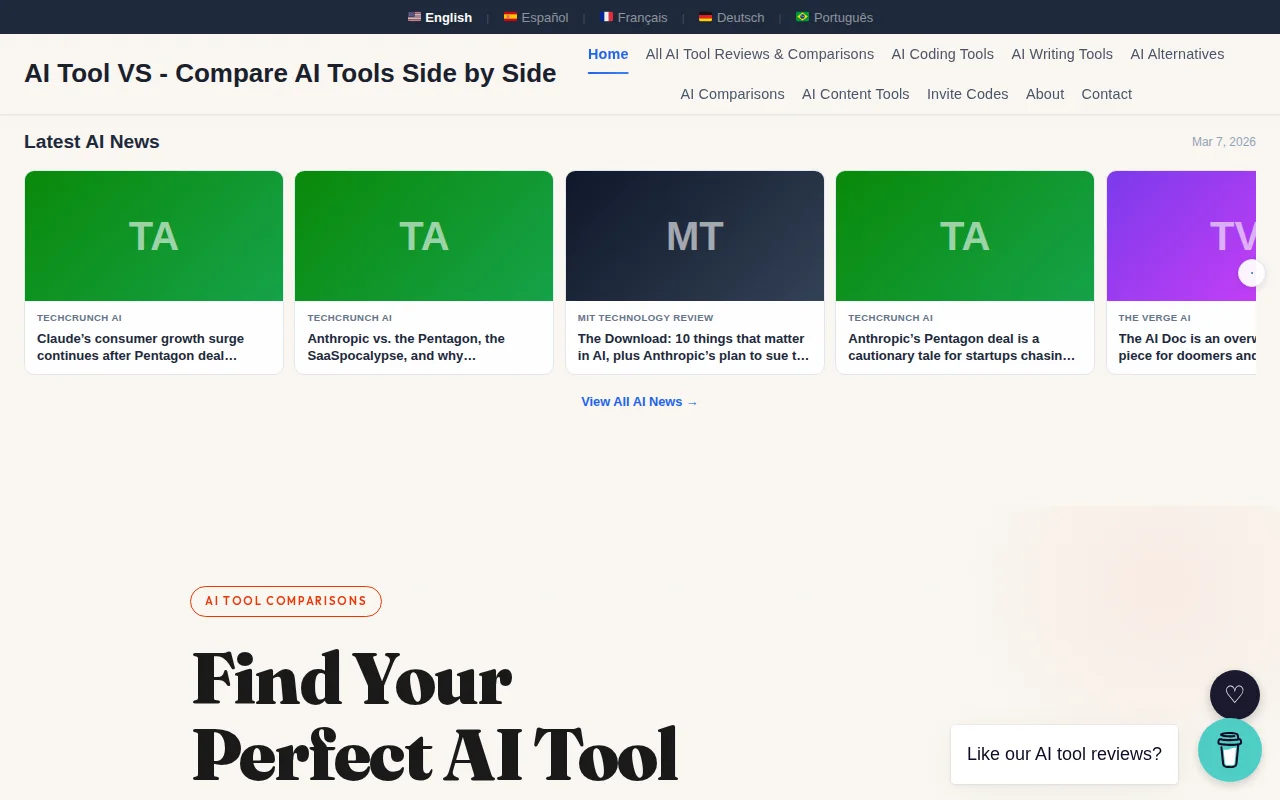 Free AI tools comparison engine with 300 side-by-side reviews