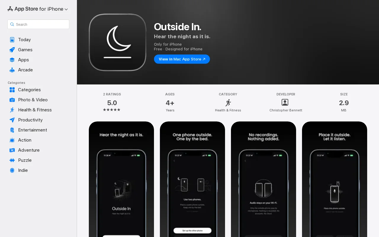 Outside In – Stream live night sounds from outside to bedside. iOS/free