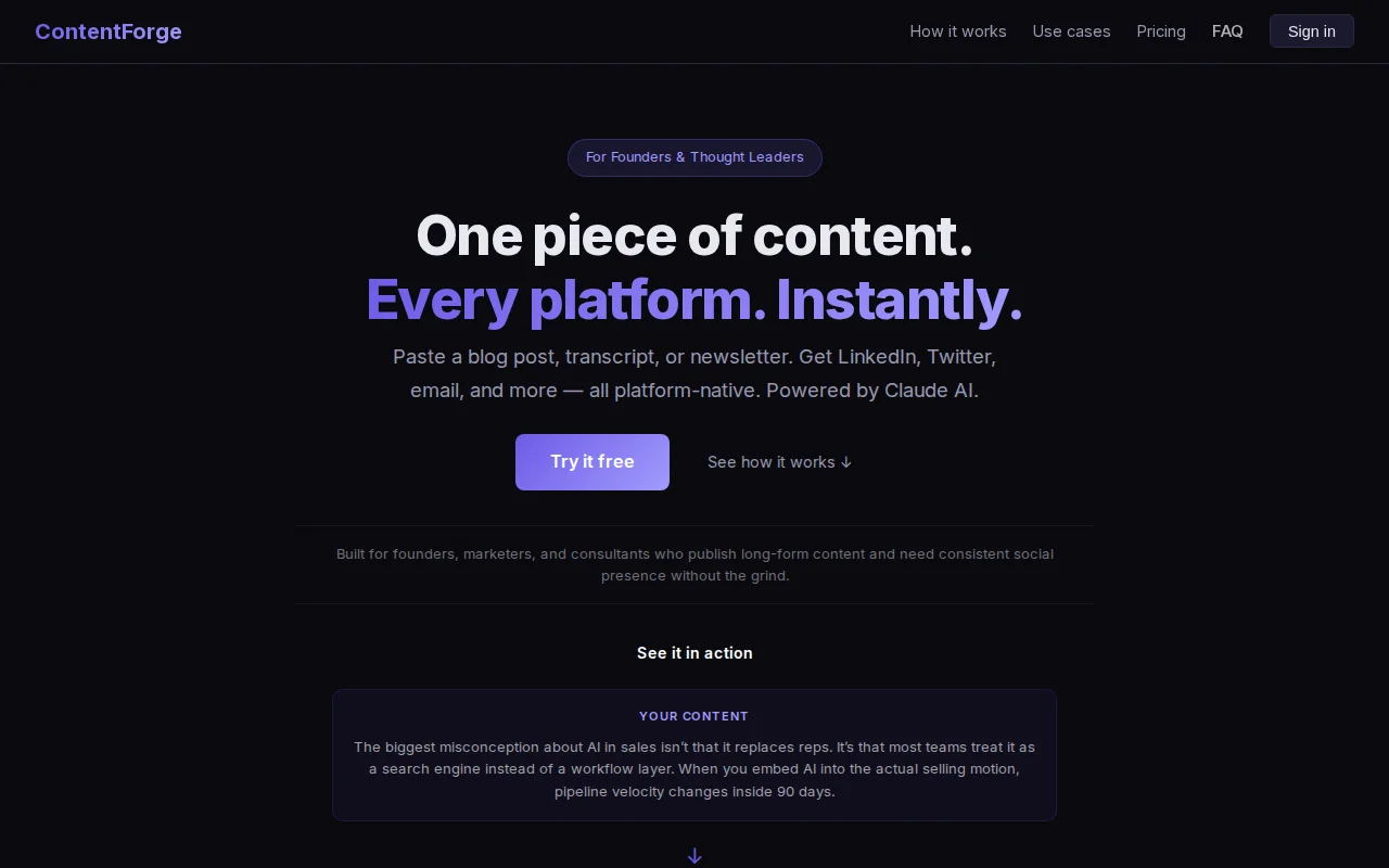 ContentForge – Repurpose any text into posts for 8 platforms