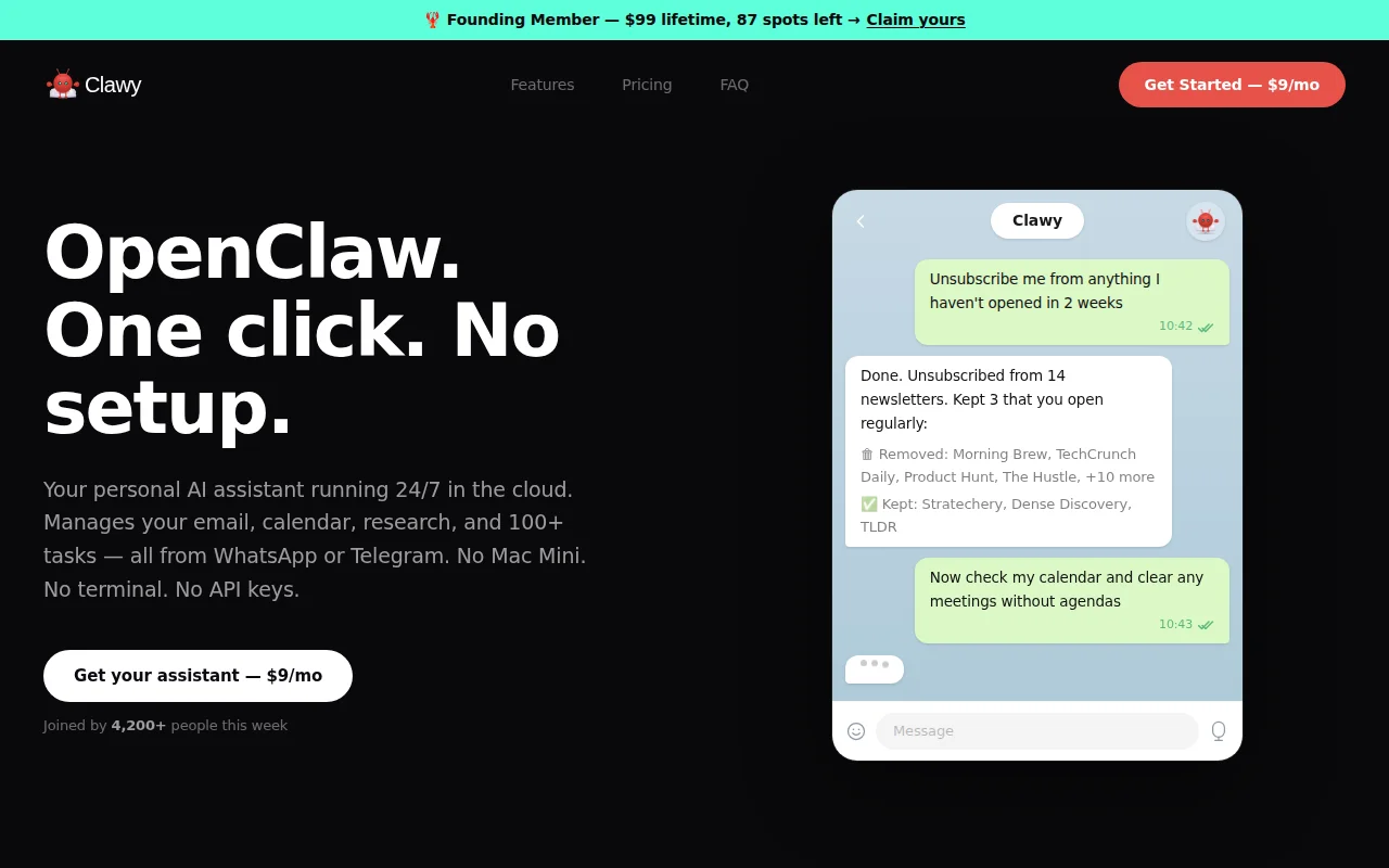 Hosted OpenClaw – 60s setup, no Mac Mini, $99 lifetime BYOK