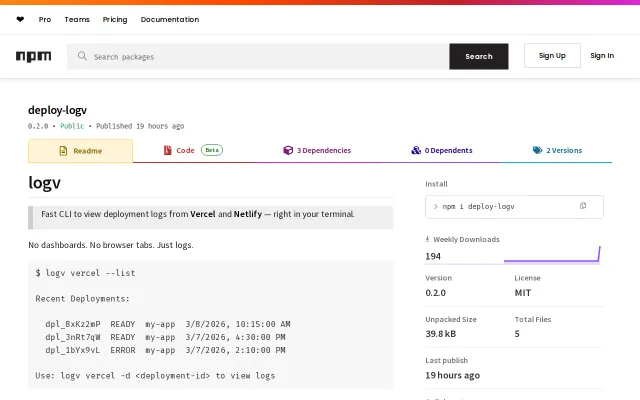 Deploy-logv – View Vercel and Netlify deployment logs from terminal