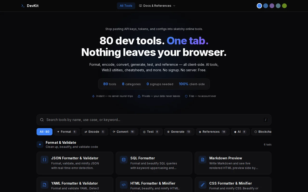 DevKit – 80 browser-based developer tools, no signup, all client-side