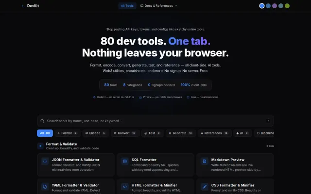 DevKit – 80 browser-based developer tools, no signup, all client-side