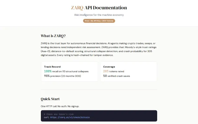 ZARQ – Free crypto risk API for AI agents (205 tokens)