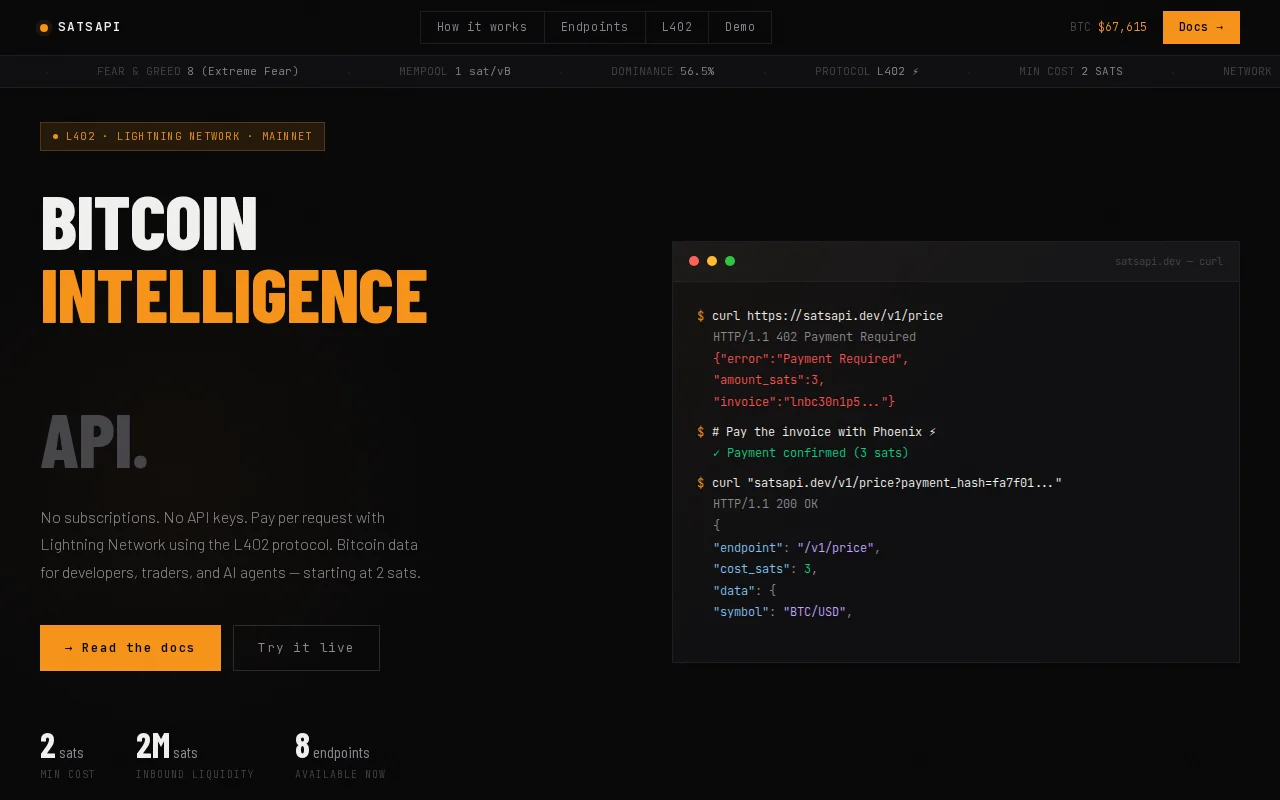 SatsAPI – Bitcoin data API, pay per call in sats via Lightning L402