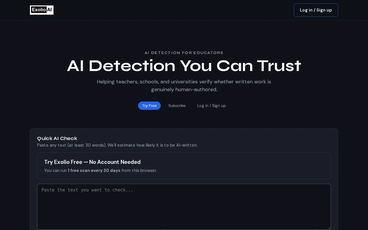 Exolio AI – Free AI text detector for anyone (30-day free trial)
