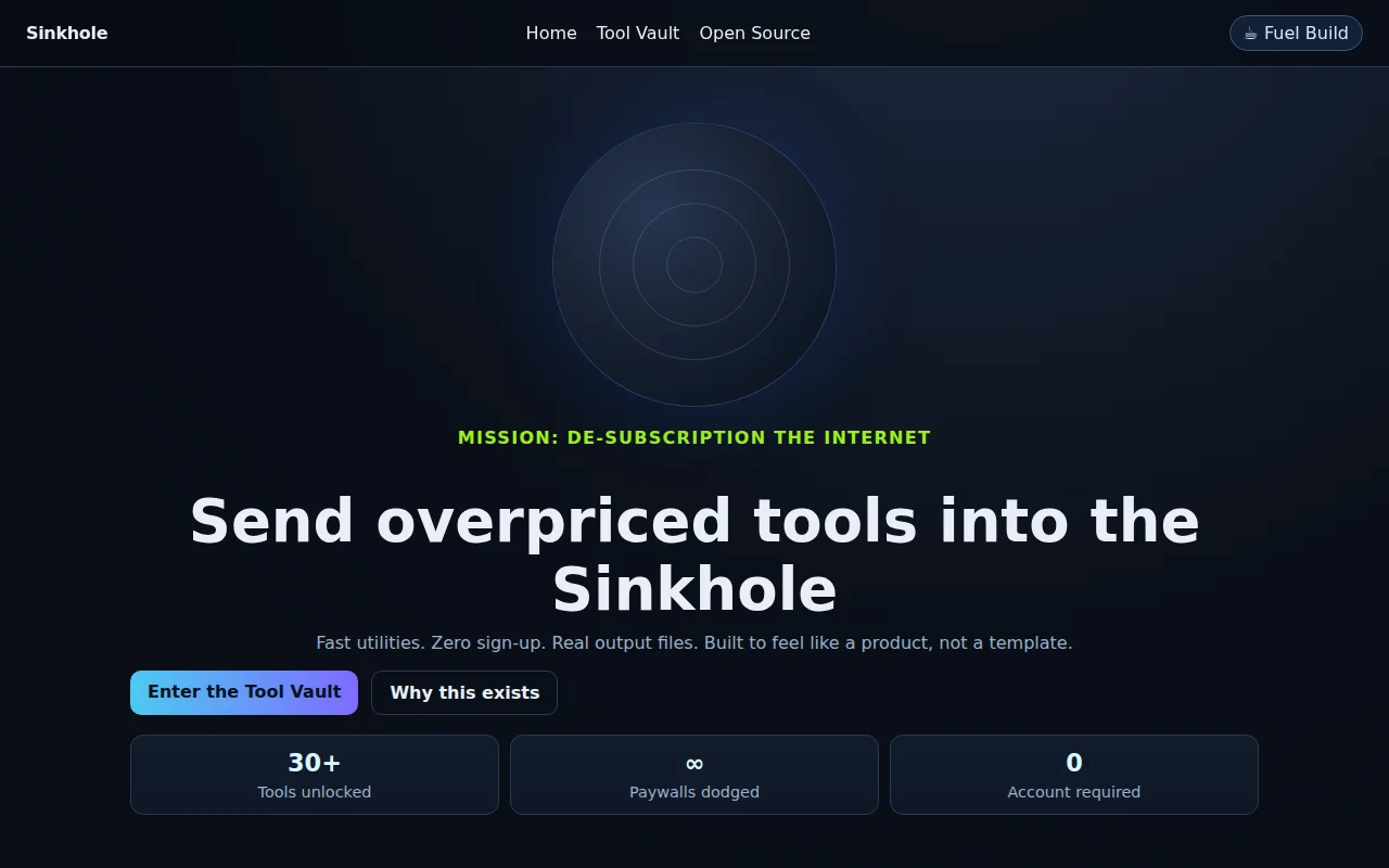 Sinkhole – 30 free browser-based tools, no signup, MIT licensed