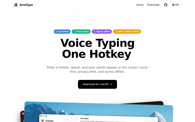 AriaType – Privacy-first voice keyboard with AI polish (Beta, macOS)