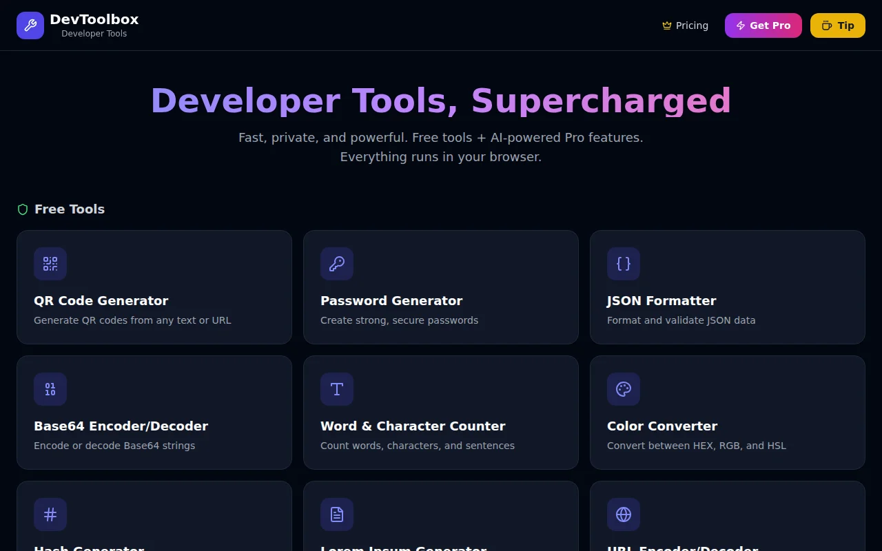 DevToolbox – 13 browser-based dev tools, privacy-first
