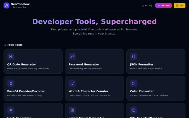 DevToolbox – 13 browser-based dev tools, privacy-first