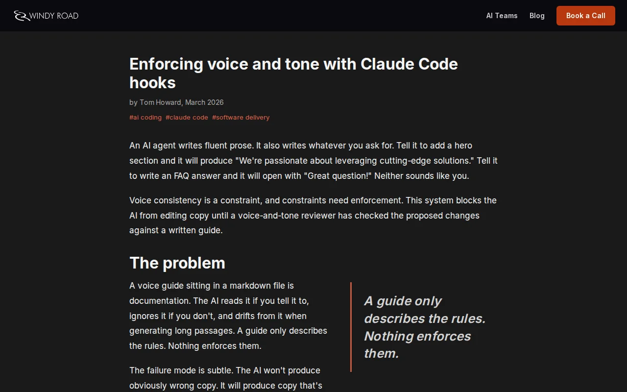 Four Claude Code hooks that enforce voice and tone on AI-written copy