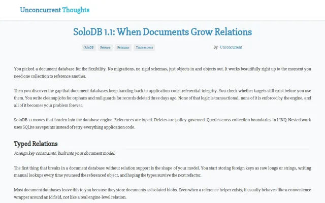SoloDB 1.1 – embedded .NET document DB with real referential integrity